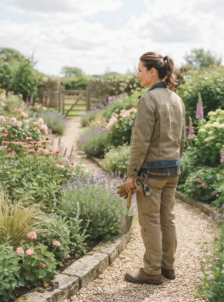 Paysagiste en tenue de travail, debout dans un jardin qu’il a fait